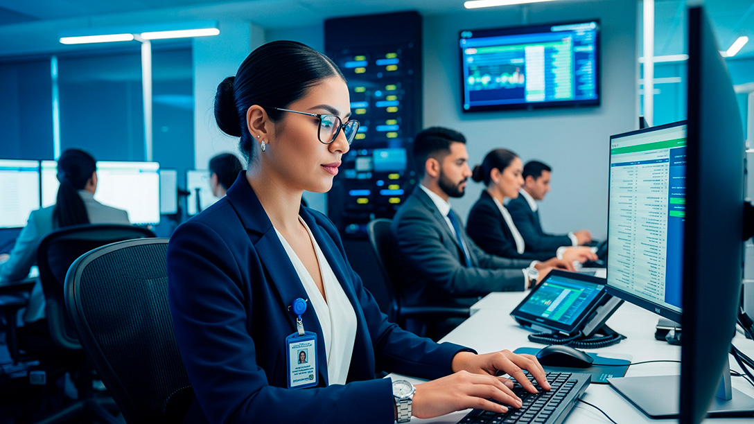 Oficina moderna con profesionales consultando bases de datos oficiales de verificadores certificados autorizados