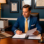 Valuador masculino profesional elaborando dictamen técnico de calidad en oficina certificada con documentos oficiales